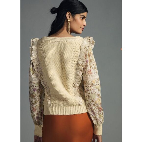 NWT | By Anthropologie Printed-Sleeve Ruffle Sweater Size Large - Picture 3 of 9